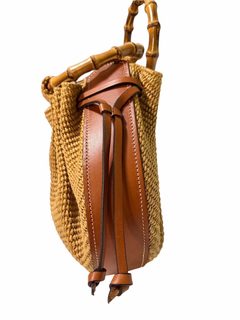 NWT CATERINA BERTINI Made in Italy Bamboo Handle Woven Bucket Bag Leather Trim - Picture 4 of 9